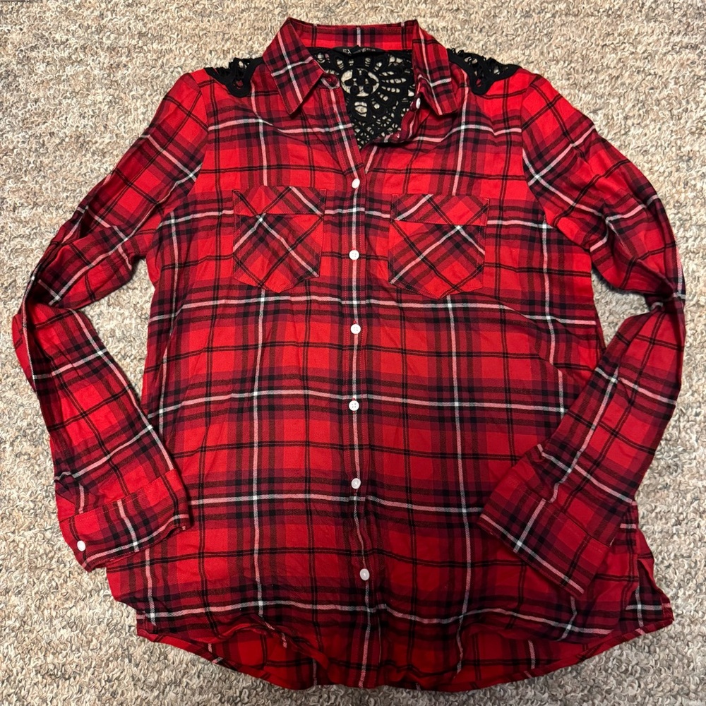 Express Red and Black Plaid Shirt with Black Lace Yoke